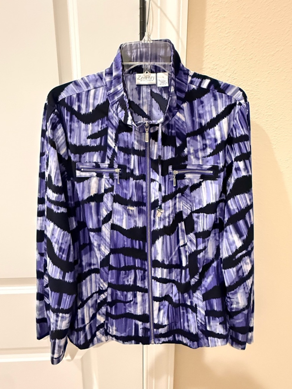 Chico's Purple and Black Patterned Zip-Front Bomber Jacket